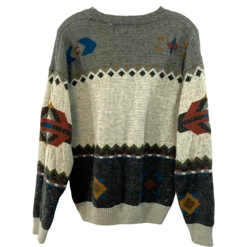 Aggio Vintage Mens Southwestern Geometric Wool Blend Crewneck Sweater Grey Large